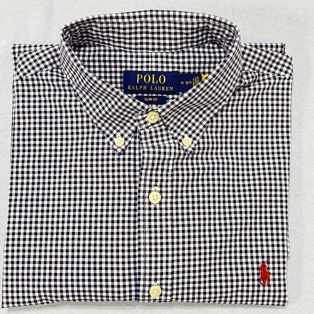 Polo Ralph Lauren Slim Fit Shirt Men M Blue Gingham Long Sleeve Preppy